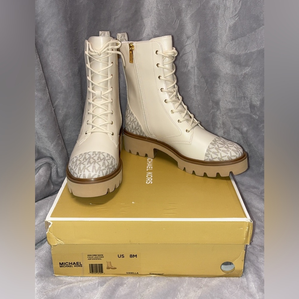 Michael Kors Signature Combat Boots in Vanilla, Women’s Size 8, New in Box